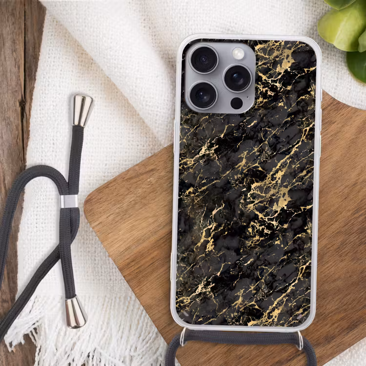 Marmer - Zwart - Goudstructuur Hoesje iPhone 16 Pro Max met koord klein 804 -sfeer4