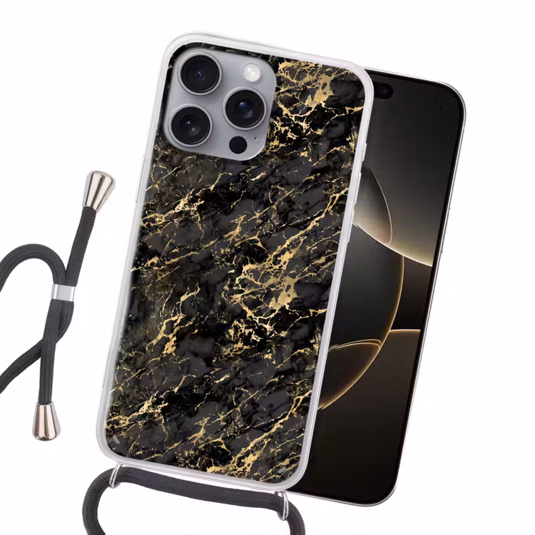 Marmer - Zwart - Goudstructuur Hoesje iPhone 16 Pro Max met koord klein 804 -sfeer1