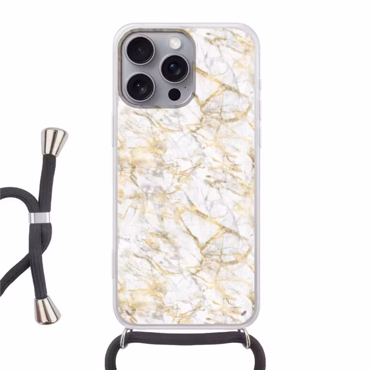 Marmer - Wit - Expressief - Goudaccenten Hoesje iPhone 16 Pro Max met koord klein 804 -3d