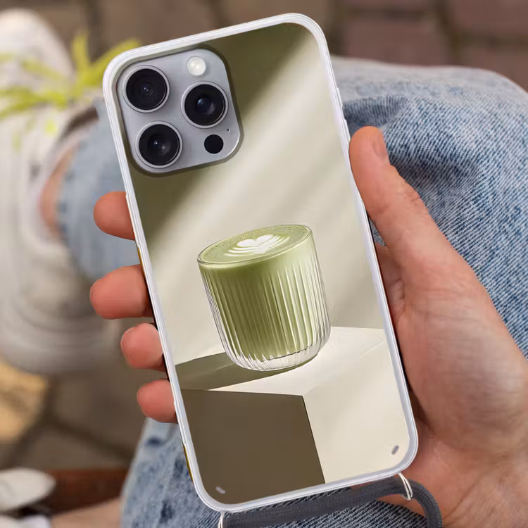 Matcha - Glas - Groen - Minimalistisch Hoesje iPhone 16 Pro Max met koord klein -sfeer3