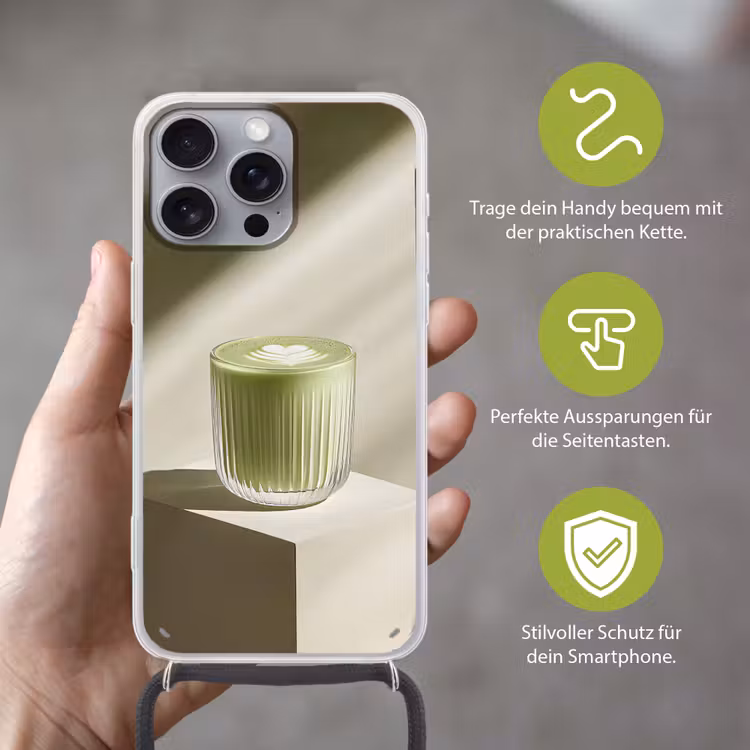 Matcha - Glas - Groen - Minimalistisch Hoesje iPhone 16 Pro Max met koord klein -sfeer2_DE