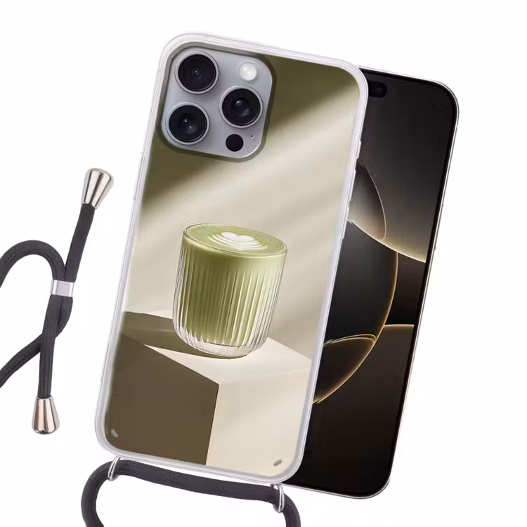 Matcha - Glas - Groen - Minimalistisch Hoesje iPhone 16 Pro Max met koord klein -sfeer1