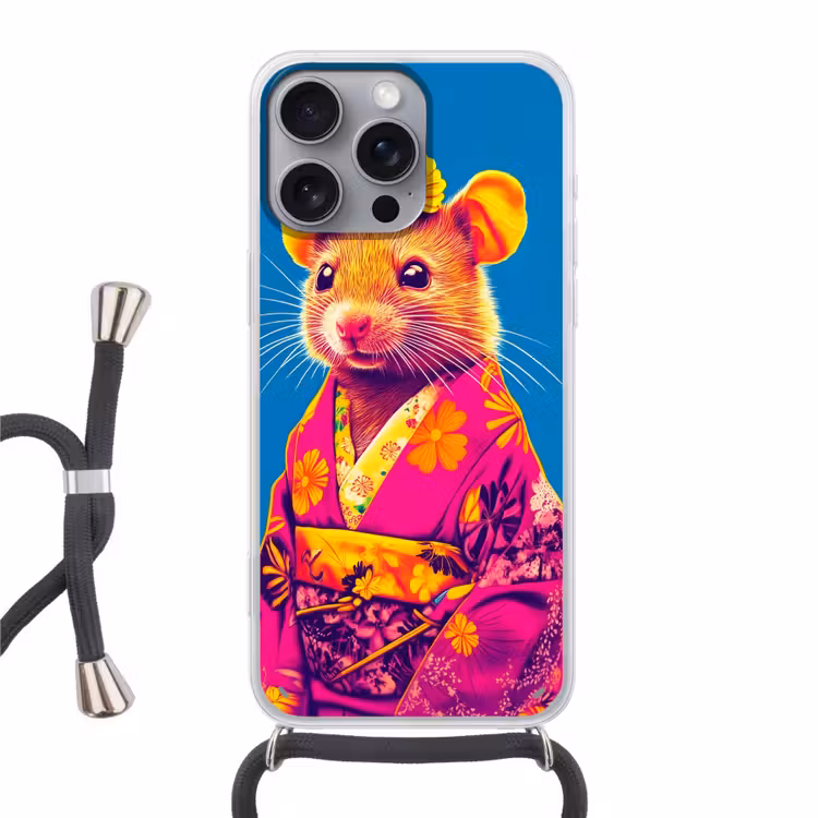 Muis - Kimono - Bloemen - Blauw Hoesje iPhone 16 Pro Max met koord klein -3d