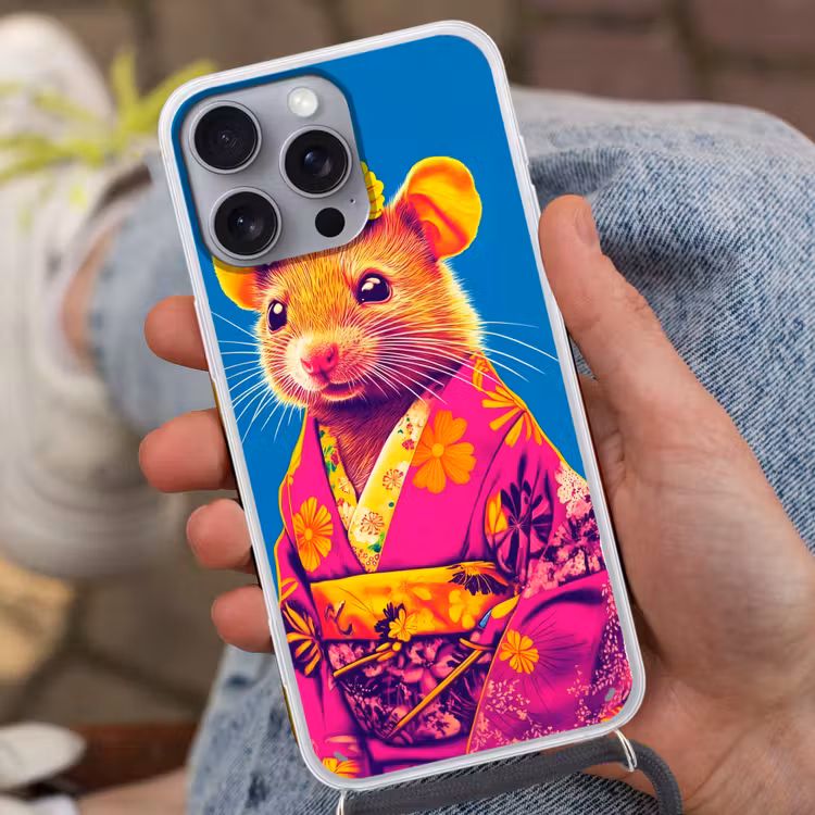 Muis - Kimono - Bloemen - Blauw Hoesje iPhone 16 Pro Max met koord klein -sfeer3