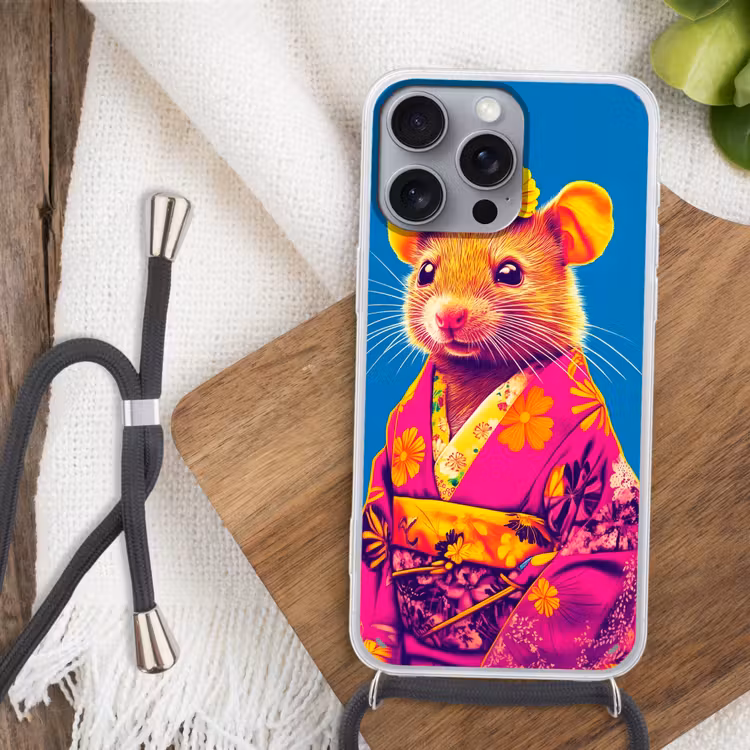 Muis - Kimono - Bloemen - Blauw Hoesje iPhone 16 Pro Max met koord klein -sfeer4