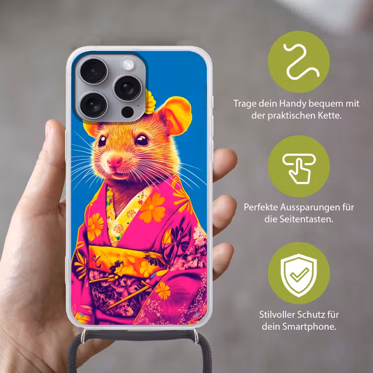Muis - Kimono - Bloemen - Blauw Hoesje iPhone 16 Pro Max met koord klein -sfeer2_DE