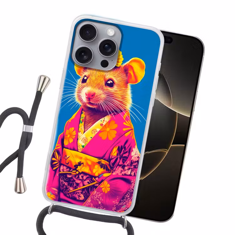 Muis - Kimono - Bloemen - Blauw Hoesje iPhone 16 Pro Max met koord klein -sfeer1