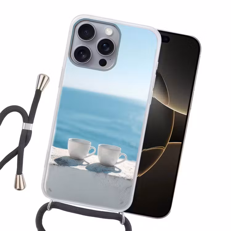 Zee - Koffiekopjes - Zomers Hoesje iPhone 16 Pro Max met koord klein -sfeer1