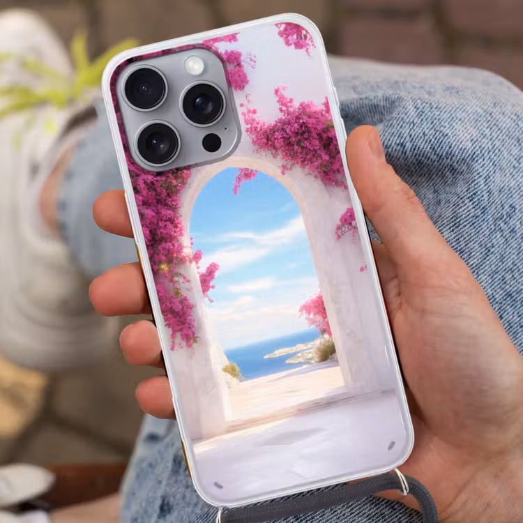 Zee - Roze - Bloemen - Poort Hoesje iPhone 16 Pro Max met koord klein -sfeer3