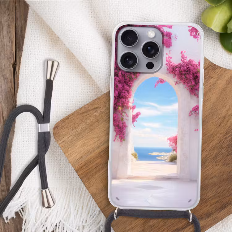 Zee - Roze - Bloemen - Poort Hoesje iPhone 16 Pro Max met koord klein -sfeer4