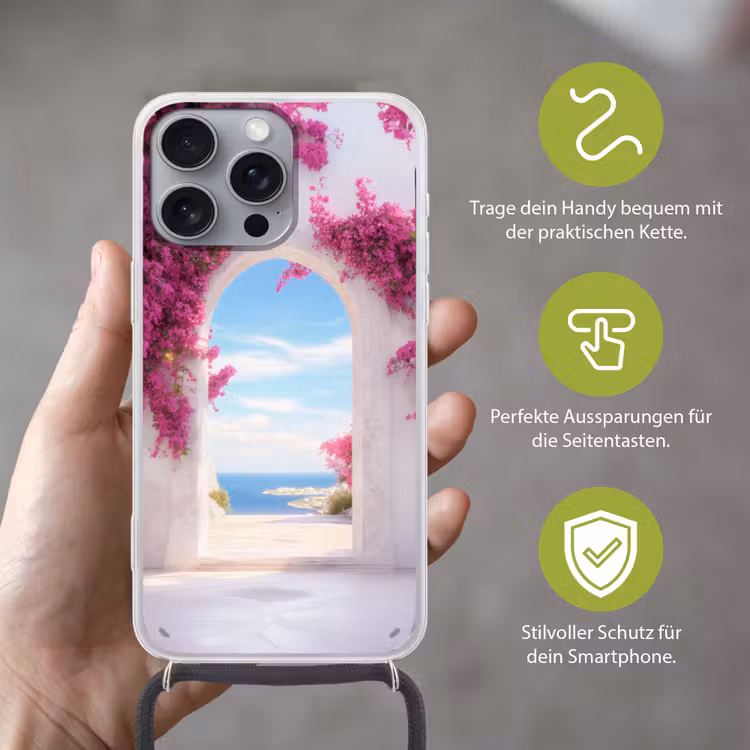 Zee - Roze - Bloemen - Poort Hoesje iPhone 16 Pro Max met koord klein -sfeer2_DE