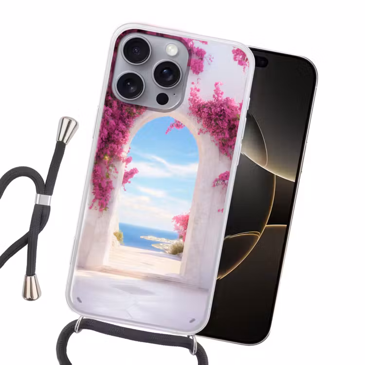 Zee - Roze - Bloemen - Poort Hoesje iPhone 16 Pro Max met koord klein -sfeer1