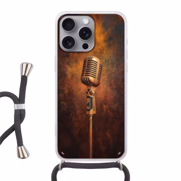 Microfoon - Bruin - Klassiek Hoesje iPhone 16 Pro Max met koord klein -3d