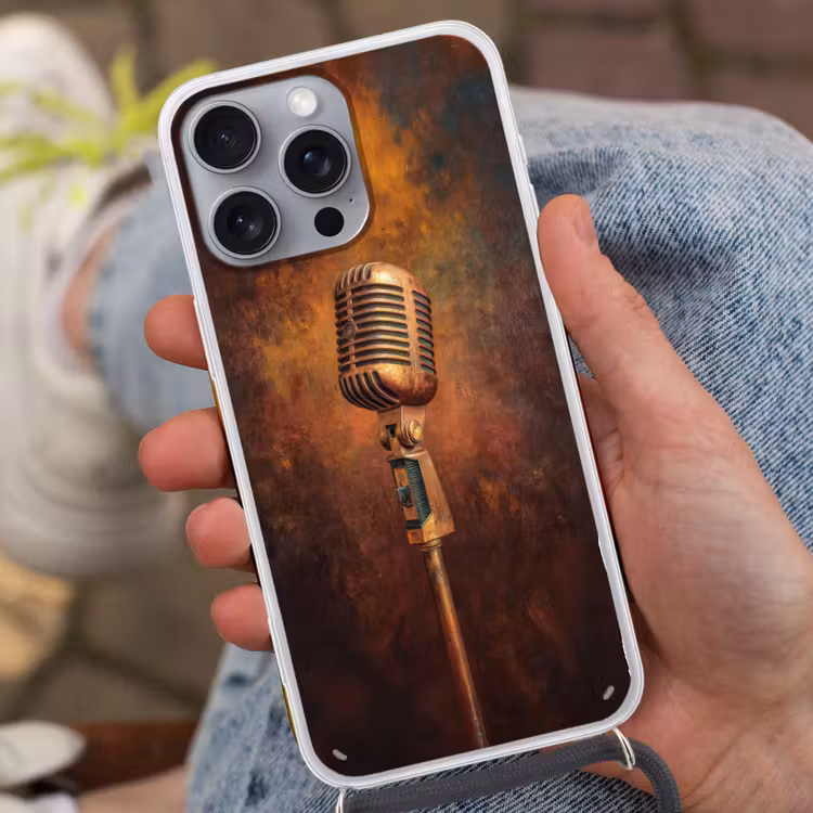 Microfoon - Bruin - Klassiek Hoesje iPhone 16 Pro Max met koord klein -sfeer3
