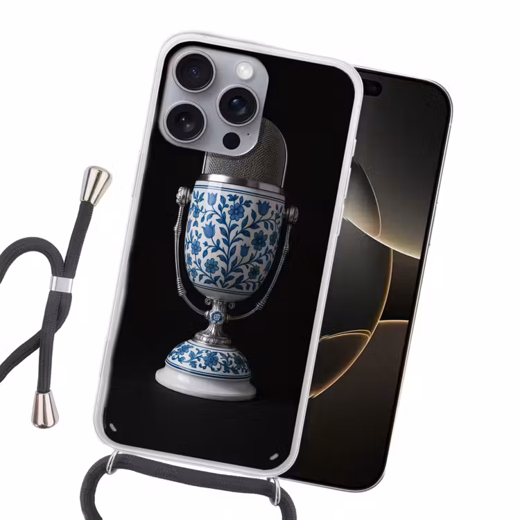Microfoon - Delfts blauw - Muziek Hoesje iPhone 16 Pro Max met koord klein -sfeer1