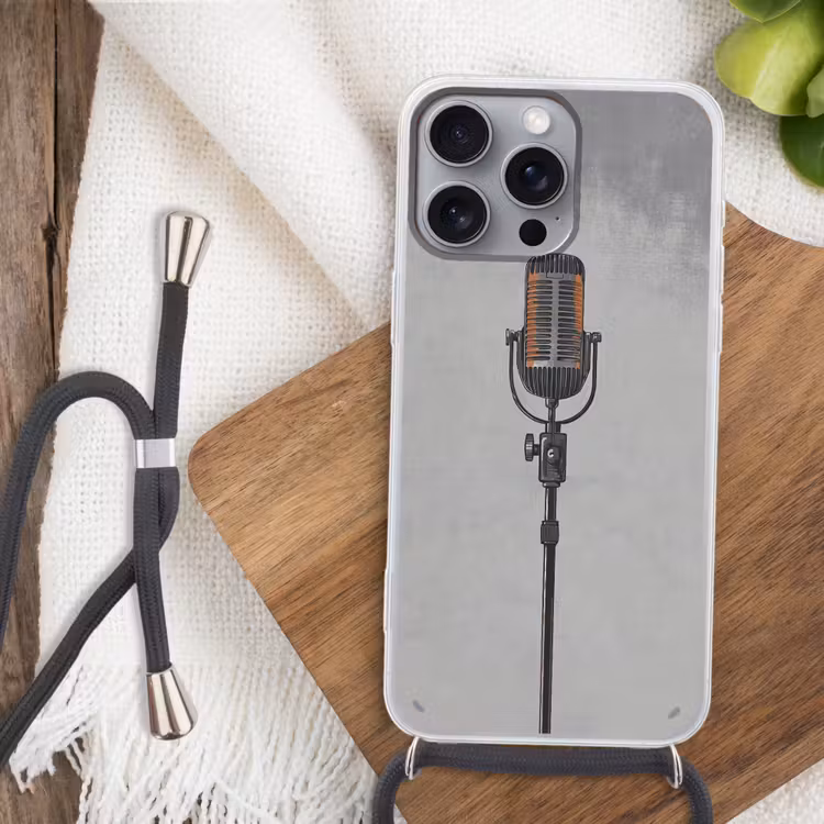 Microfoon - Vintage - Illustratie - Grijs Hoesje iPhone 16 Pro Max met koord klein -sfeer4