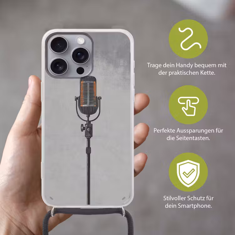 Microfoon - Vintage - Illustratie - Grijs Hoesje iPhone 16 Pro Max met koord klein -sfeer2_DE