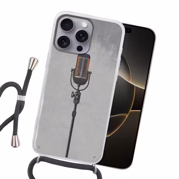 Microfoon - Vintage - Illustratie - Grijs Hoesje iPhone 16 Pro Max met koord klein -sfeer1