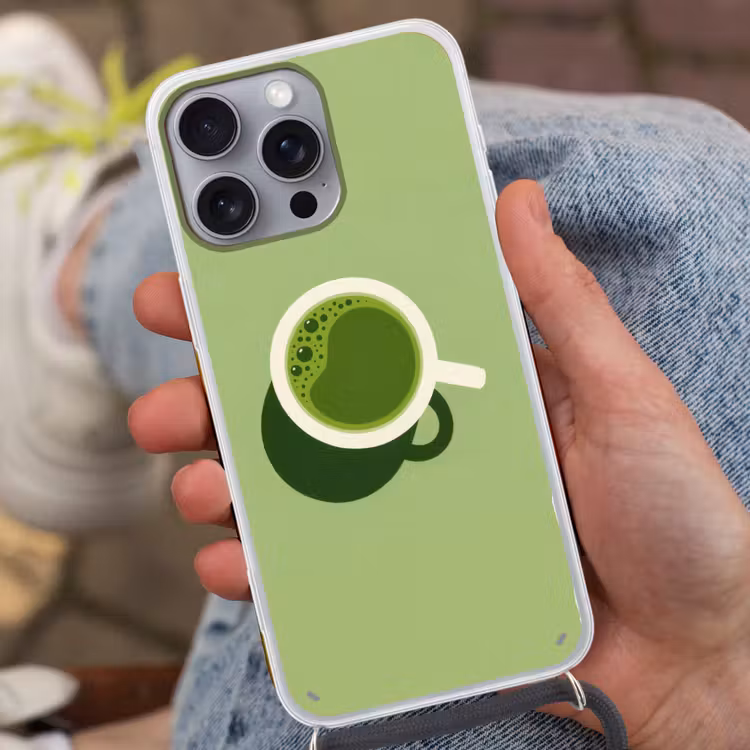 Minimalistisch - Kopjes - Matcha -Groen Hoesje iPhone 16 Pro Max met koord klein -sfeer3