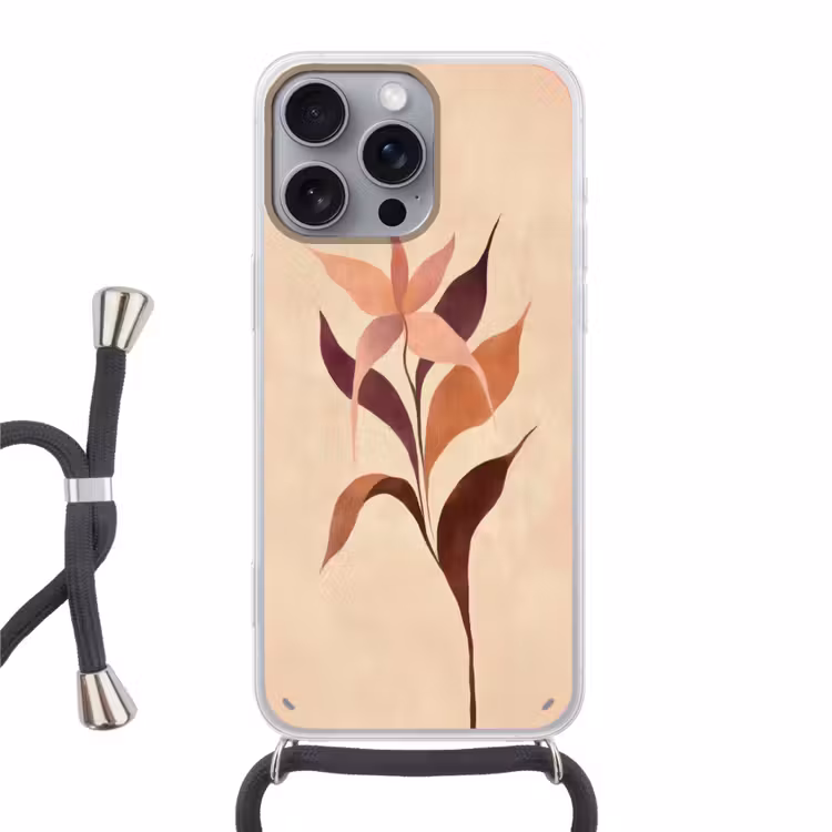Minimalistisch - Bloem - Bladeren - Beige Hoesje iPhone 16 Pro Max met koord klein -3d