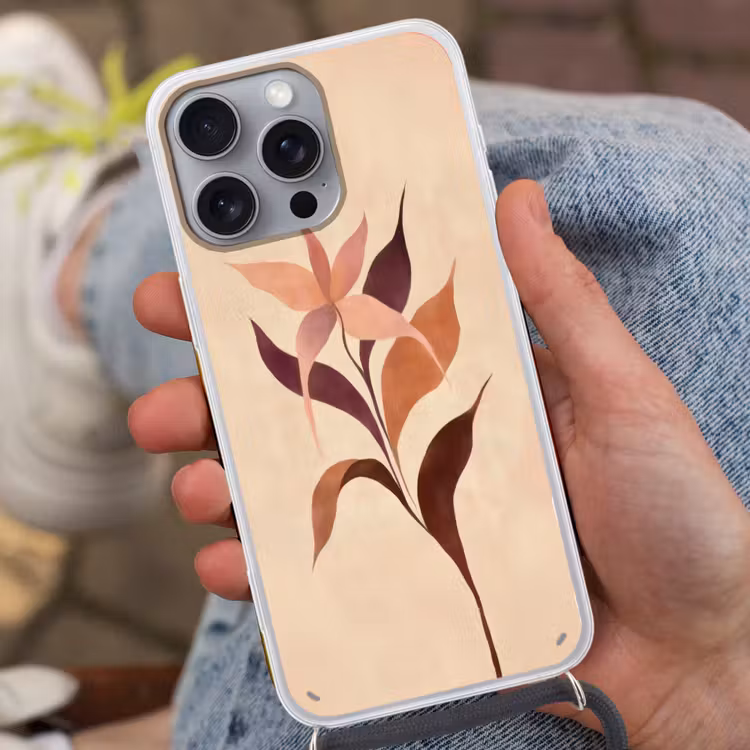 Minimalistisch - Bloem - Bladeren - Beige Hoesje iPhone 16 Pro Max met koord klein -sfeer3