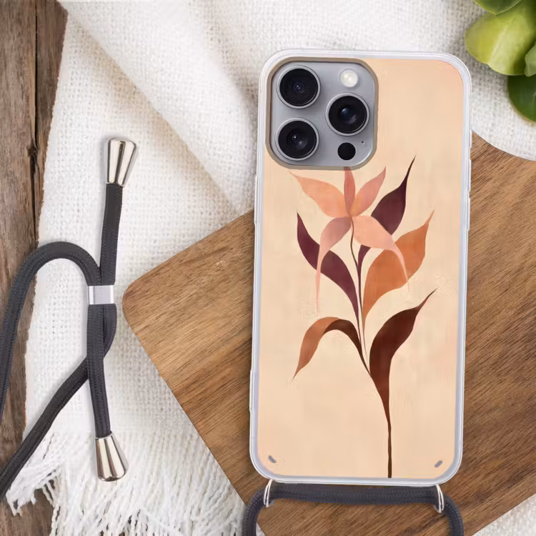 Minimalistisch - Bloem - Bladeren - Beige Hoesje iPhone 16 Pro Max met koord klein -sfeer4
