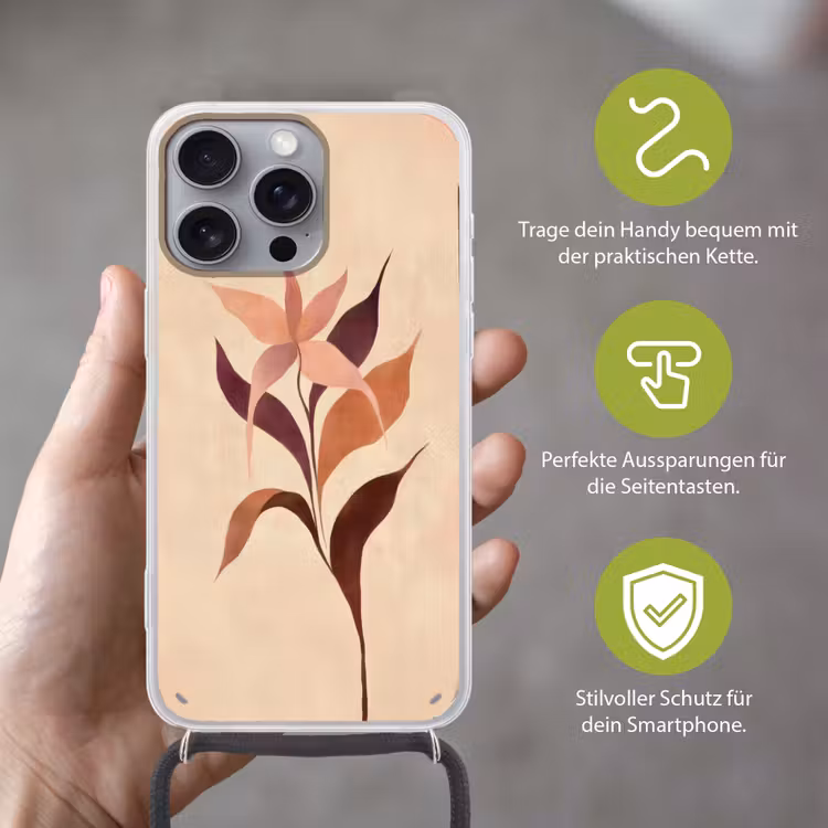 Minimalistisch - Bloem - Bladeren - Beige Hoesje iPhone 16 Pro Max met koord klein -sfeer2_DE