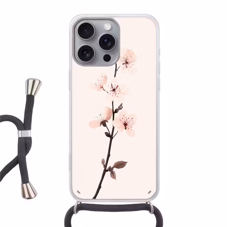 Minimalistisch - Bloesem - Tak - Roze Hoesje iPhone 16 Pro Max met koord klein -3d