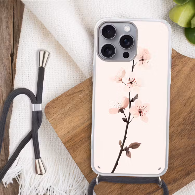 Minimalistisch - Bloesem - Tak - Roze Hoesje iPhone 16 Pro Max met koord klein -sfeer4