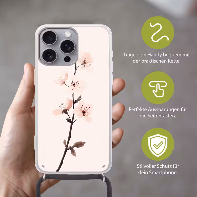 Minimalistisch - Bloesem - Tak - Roze Hoesje iPhone 16 Pro Max met koord klein -sfeer2_DE