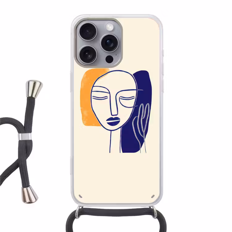 Minimalistisch - Gezicht - Hand - Oranje - Blauw Hoesje iPhone 16 Pro Max met koord klein -3d