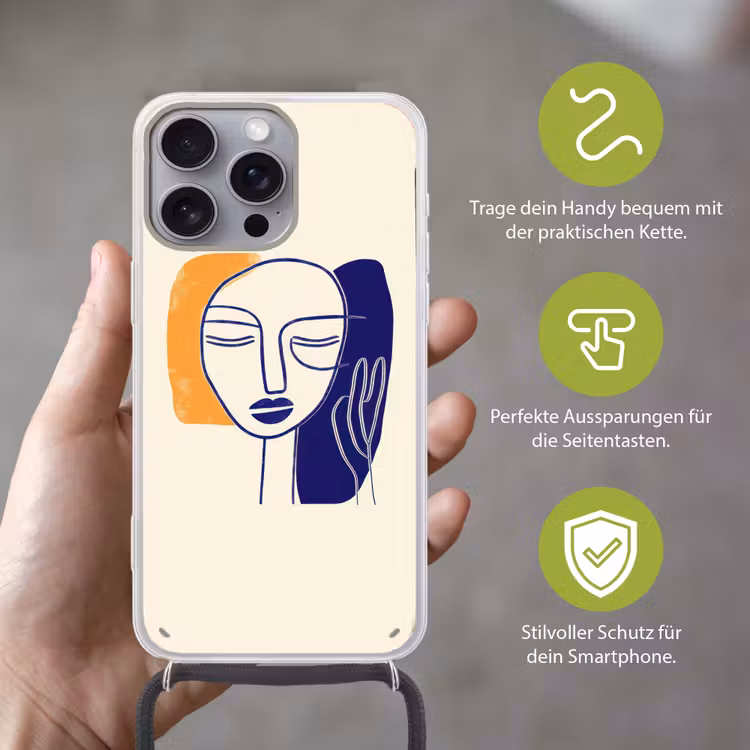 Minimalistisch - Gezicht - Hand - Oranje - Blauw Hoesje iPhone 16 Pro Max met koord klein -sfeer2_DE