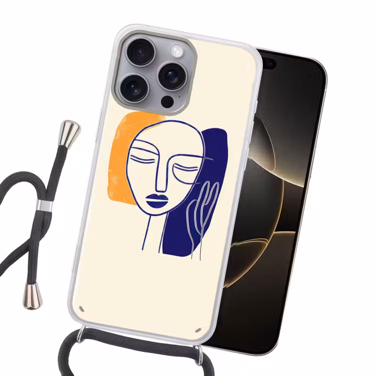 Minimalistisch - Gezicht - Hand - Oranje - Blauw Hoesje iPhone 16 Pro Max met koord klein -sfeer1