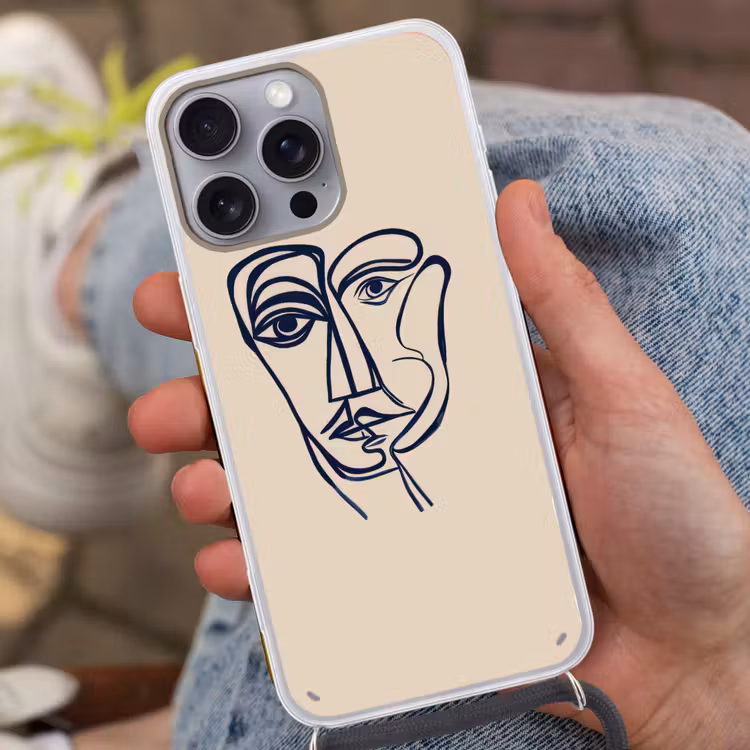 Minimalistisch - Lijnillustratie - Beige - Donkerblauw Hoesje iPhone 16 Pro Max met koord klein -sfeer3