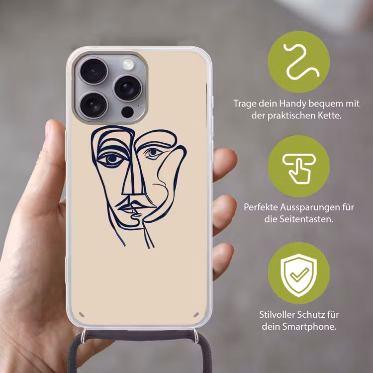 Minimalistisch - Lijnillustratie - Beige - Donkerblauw Hoesje iPhone 16 Pro Max met koord klein -sfeer2_DE