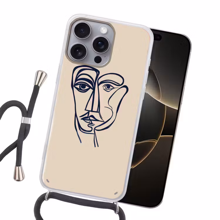 Minimalistisch - Lijnillustratie - Beige - Donkerblauw Hoesje iPhone 16 Pro Max met koord klein -sfeer1