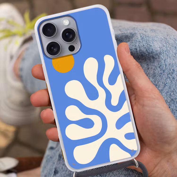Minimalistisch - Organisch patroon - Blauw Hoesje iPhone 16 Pro Max met koord klein -sfeer3