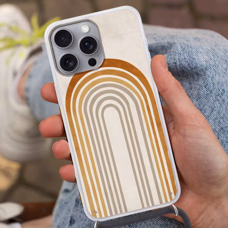 Minimalistisch - Boog - Lijnen - Beige Hoesje iPhone 16 Pro Max met koord klein -sfeer3