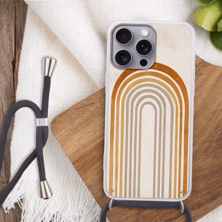 Minimalistisch - Boog - Lijnen - Beige Hoesje iPhone 16 Pro Max met koord klein -sfeer4