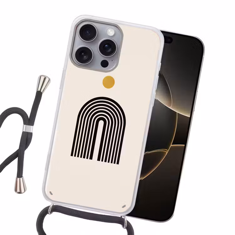 Minimalistisch - Zwarte boog - Gouden cirkel Hoesje iPhone 16 Pro Max met koord klein -sfeer1
