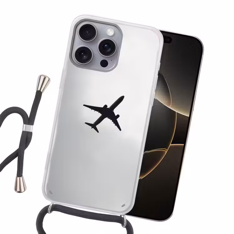 Minimalistisch - Silhouet - Zwart - Vliegtuig Hoesje iPhone 16 Pro Max met koord klein -sfeer1