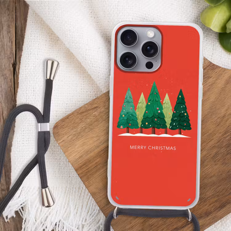 Minimalistisch - Kerstbomen - Rood - Sneeuw Hoesje iPhone 16 Pro Max met koord klein -sfeer4