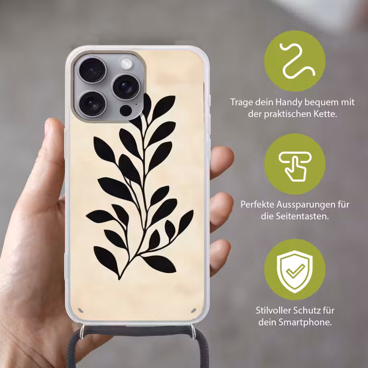 Minimalistisch - Tak - Bladeren - Zwart Hoesje iPhone 16 Pro Max met koord klein -sfeer2_DE