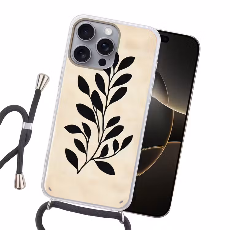 Minimalistisch - Tak - Bladeren - Zwart Hoesje iPhone 16 Pro Max met koord klein -sfeer1