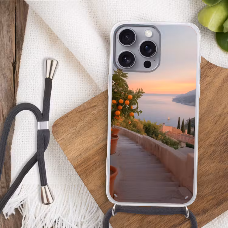 Middelandse zee - Sinaasappel - Heuvels - Zee Hoesje iPhone 16 Pro Max met koord klein -sfeer4