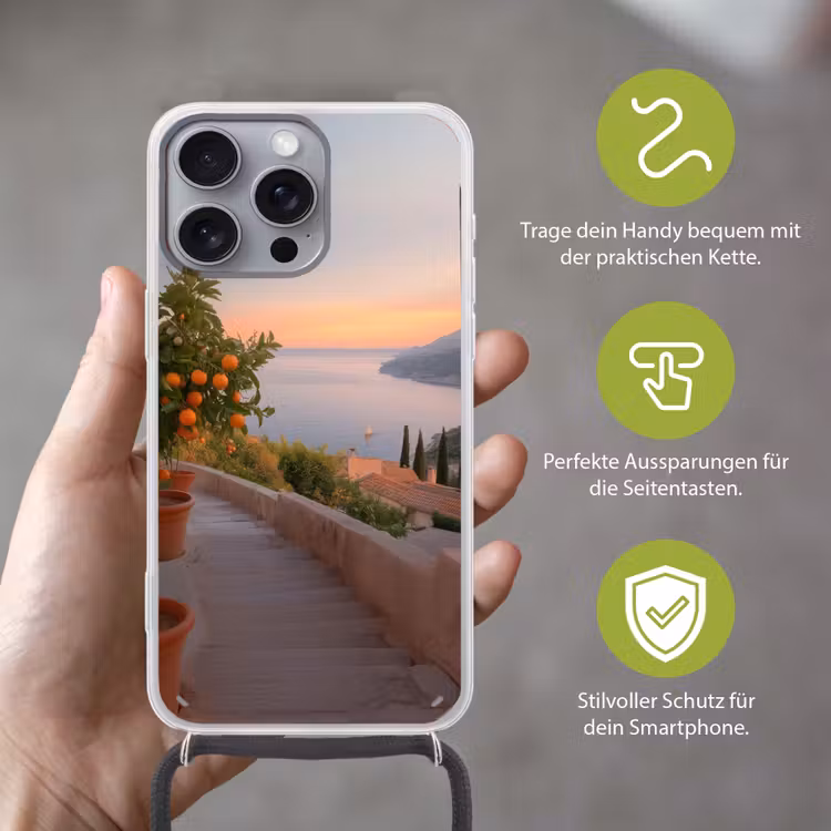 Middelandse zee - Sinaasappel - Heuvels - Zee Hoesje iPhone 16 Pro Max met koord klein -sfeer2_DE