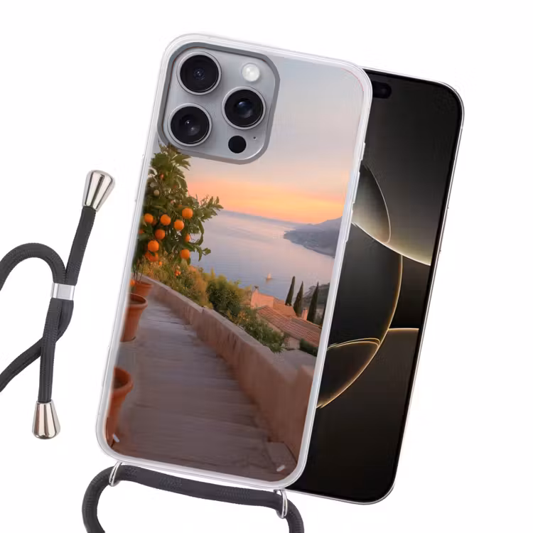 Middelandse zee - Sinaasappel - Heuvels - Zee Hoesje iPhone 16 Pro Max met koord klein -sfeer1