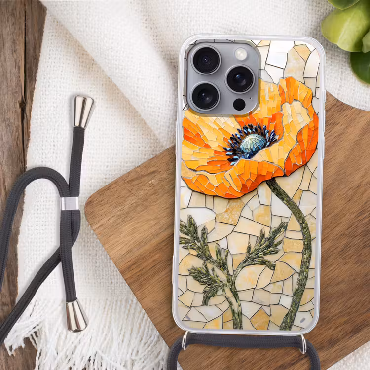 Klaprozen - Oranje - Mozaïek - Bladeren Hoesje iPhone 16 Pro Max met koord klein -sfeer4