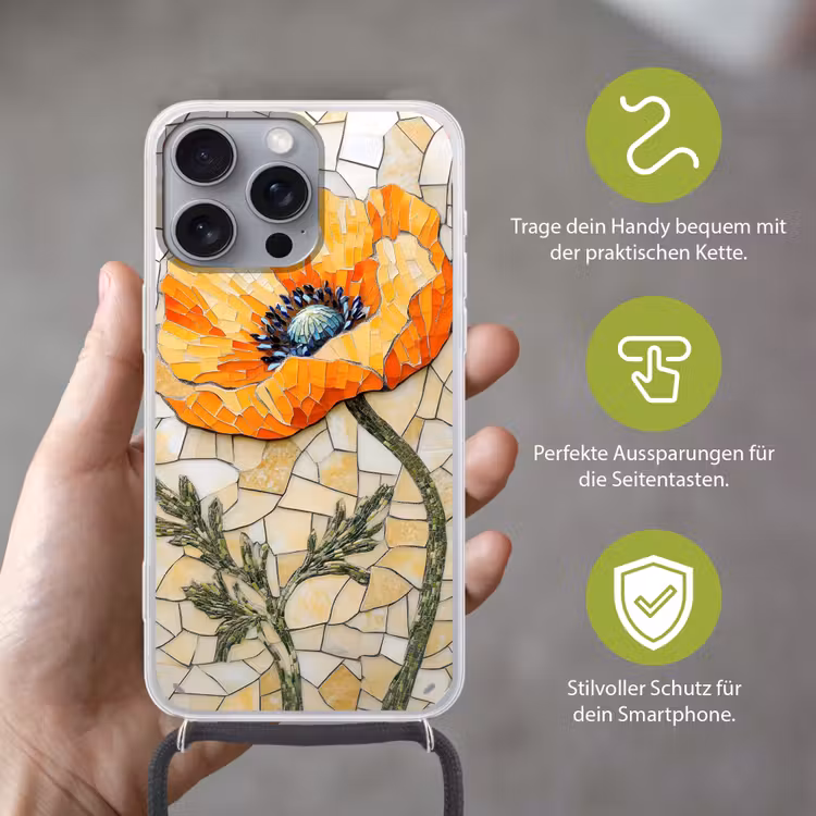 Klaprozen - Oranje - Mozaïek - Bladeren Hoesje iPhone 16 Pro Max met koord klein -sfeer2_DE