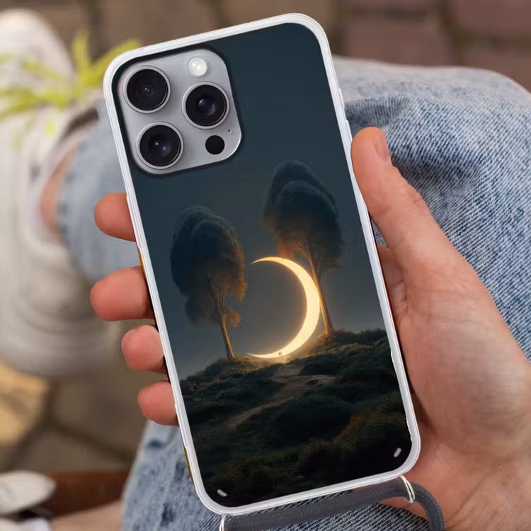 Maan - Bomen - Wandeling Hoesje iPhone 16 Pro Max met koord klein -sfeer3